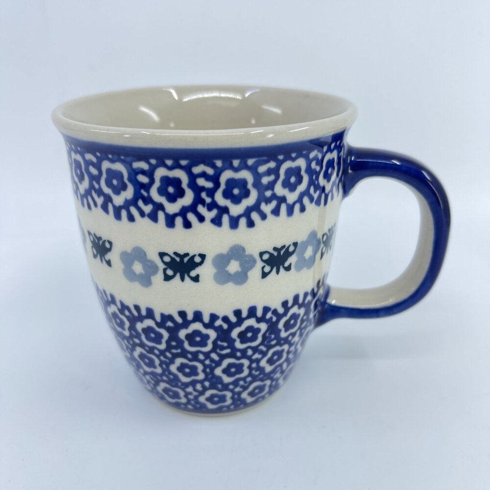 vintage boleslawcu polish pottery mug "blue butterfly" pattern handcrafted